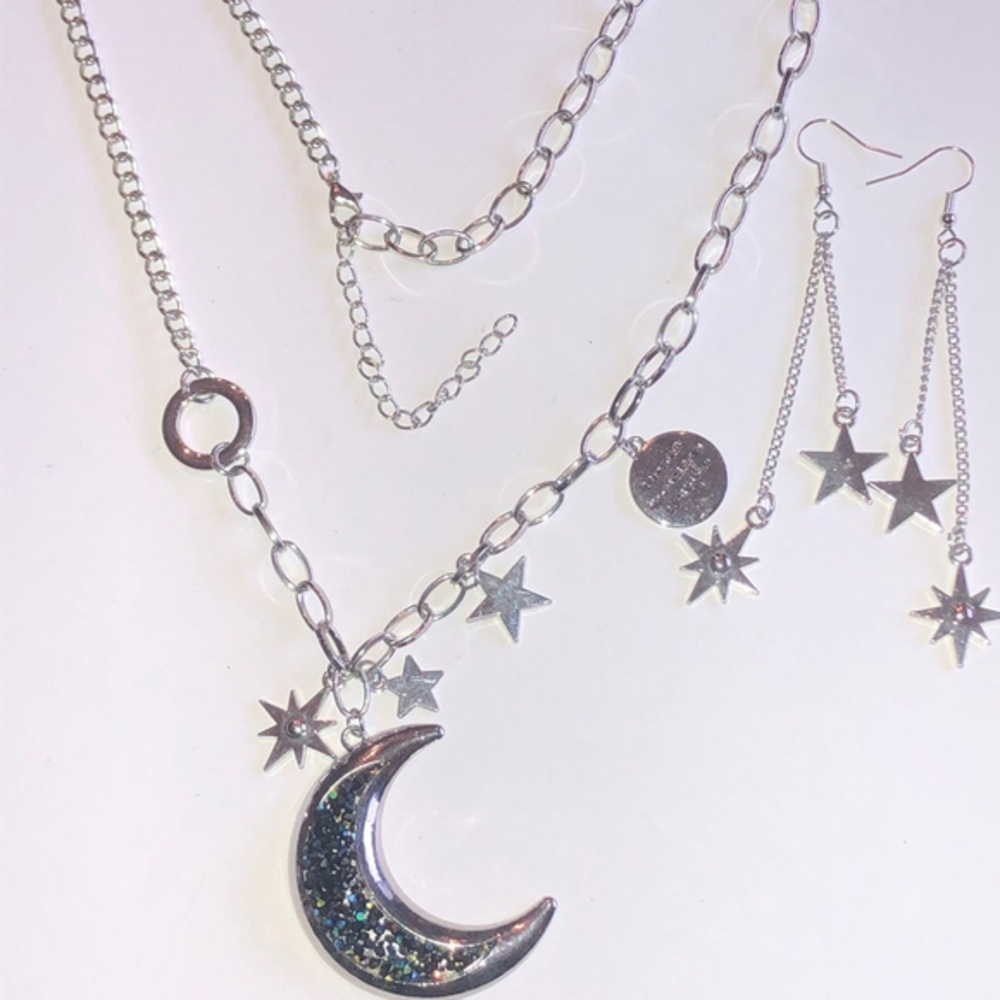 Silver Tone Chunky Rhinestone Moon Pendant Star Charms Necklace Earrings Set